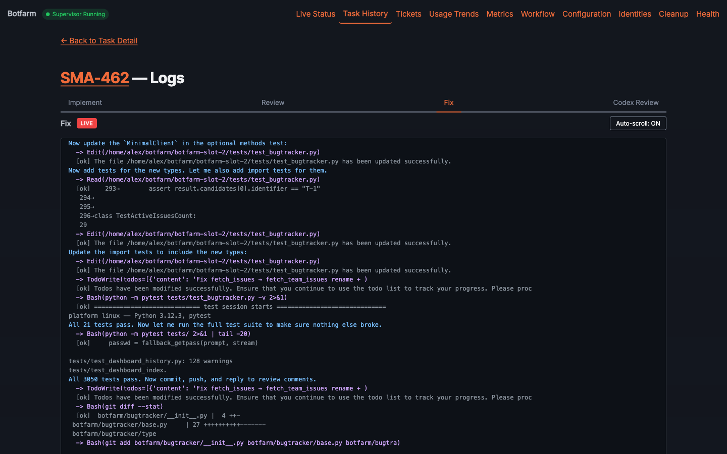 Botfarm live logs streaming from an active agent session