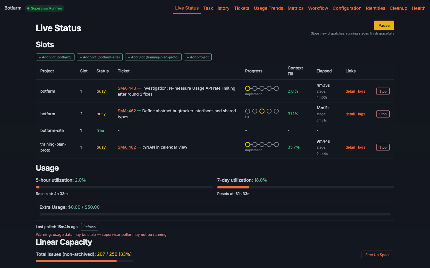 Botfarm live status dashboard showing 3 agents running tasks simultaneously