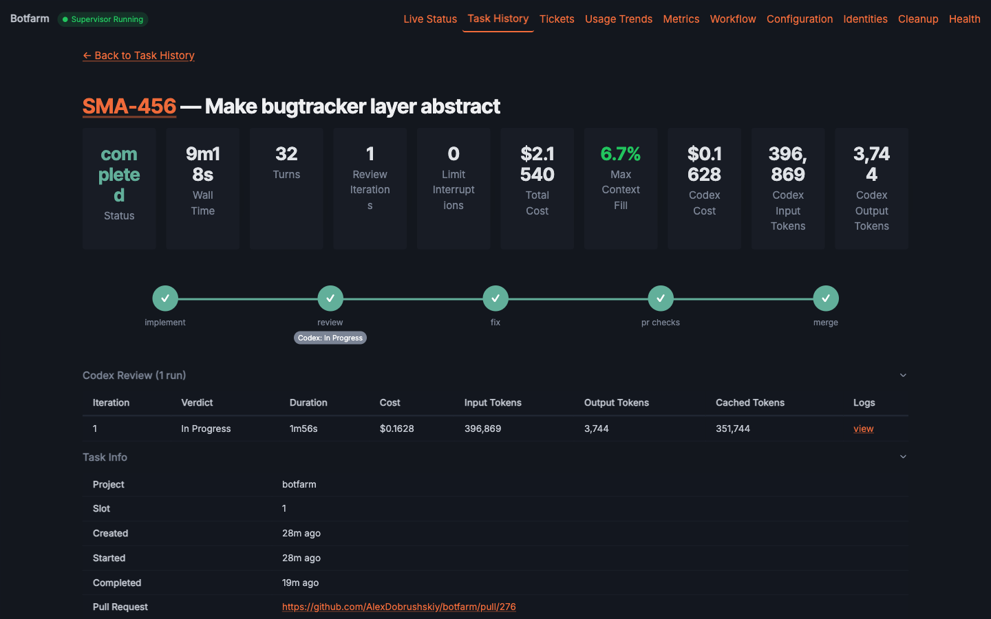 Botfarm task detail view showing a completed task with timeline and metadata