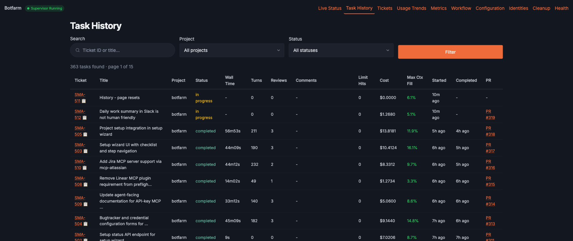 Botfarm task history showing per-task API costs for 361 completed tasks